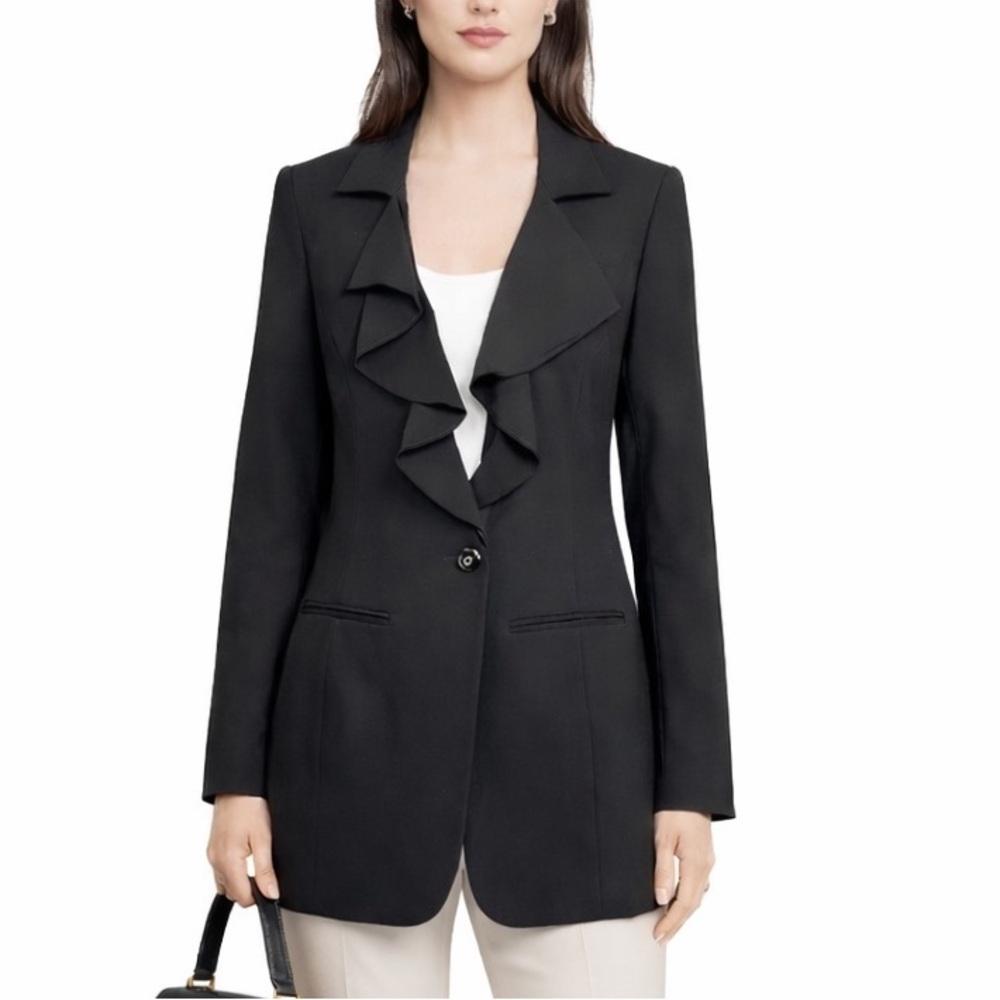 WHBM Blazer Black ruffled notched lapel button front Womens Sz M